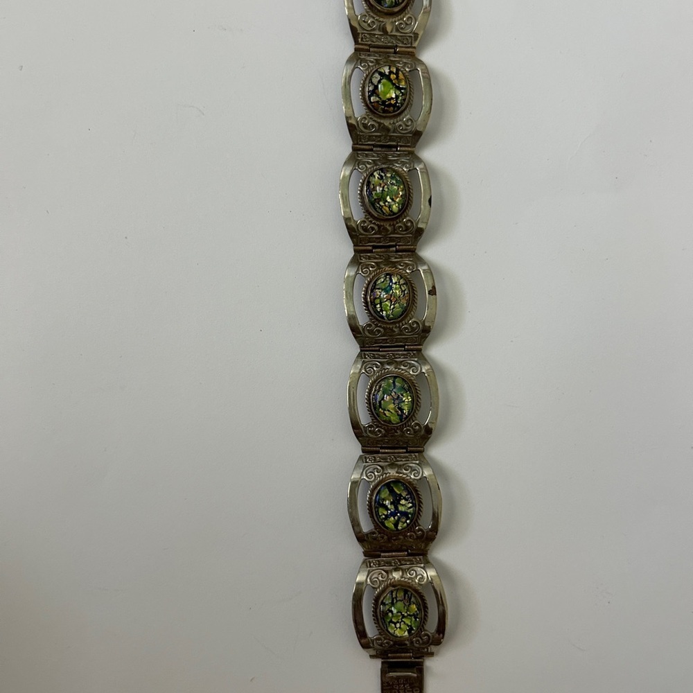 Vintage Hecho En Mexico Silver Bracelet with Green Faux Opal Abalone Inlays